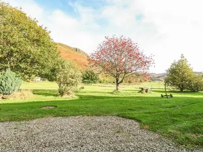 a park with trees and a bench in the grass at Darach in Lunga