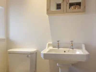 a white bathroom with a toilet and a sink at Sweetpea Cottage in Wiston