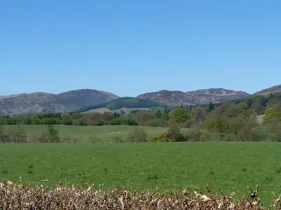 a field of green grass with mountains in the background at Tulchan Lodge in Buchanty