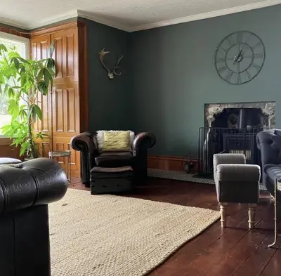 a living room with a chair and a fireplace at Leirsinn Mhor in Killin