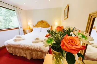 a hotel room with a bed with a vase of flowers at The Buzzard Lodge 2 bedroom sleeps up to 4 in Crianlarich