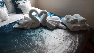 two towel swans sitting on top of a bed at HLA - KING COURT APARTMENT 2 in Motherwell