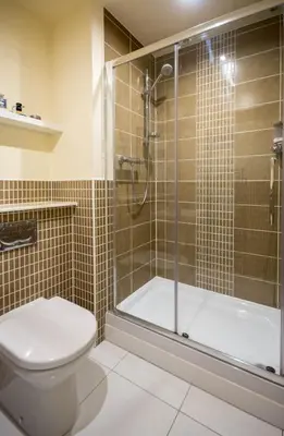 a bathroom with a shower and a toilet at Marina View Apartment in Inverkip