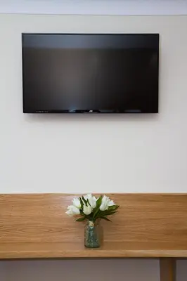 a vase of flowers sitting on a shelf under a television at Hill Park Hotel in Rosyth