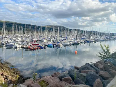 a bunch of boats are docked in a harbor at Largs Brisbane Cottage in Largs