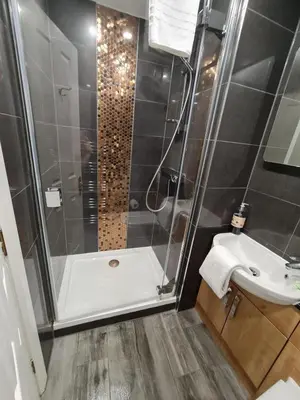 a bathroom with a shower and a sink at JOIVY Gorgeous Flat near The Scotland Gallery in Edinburgh