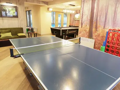 a ping pong table in a living room with a ping pong ball at Savita Cottage in Girvan