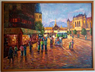 a painting of a group of people on a street at Warriston Apartment at Holm Park in Moffat