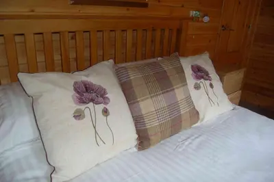 two pillows with flowers on them on a bed at Luxury woodland Alder Lodge in Killin