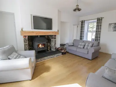 a living room with a fireplace and a tv at Corrafeckloch Forest Cottages in Bargrennan
