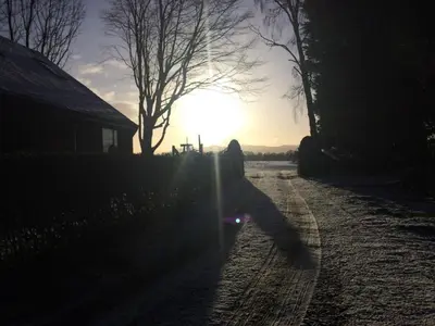 a person walking down a dirt road at sunset at Lowood Cottage in Edinburgh