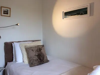 a bedroom with a bed with a lion pillow on it at Ashbank Hotel in Carradale
