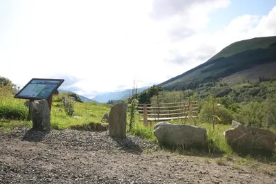 a sign on a dirt road with mountains in the background at Balquhidder Braes Holiday Park Lodges, mostly with Hot Tubs and pet friendly, EV facilities in Lochearnhead