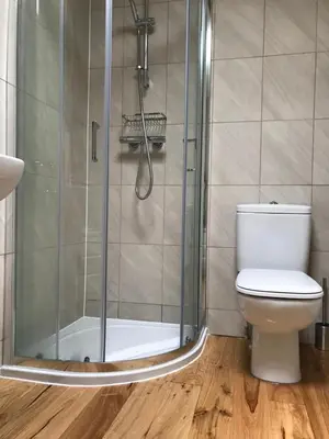 a bathroom with a shower and a toilet at Trinity Lodge - Home with Private Garden and Parking in Edinburgh