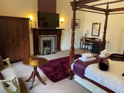 a bedroom with a canopy bed and a fireplace at Avonbridge Hotel in Hamilton