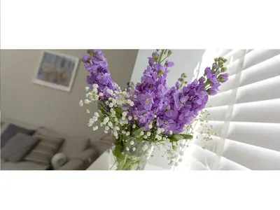 a vase filled with purple flowers in a living room at The Lane Apartment in Edinburgh