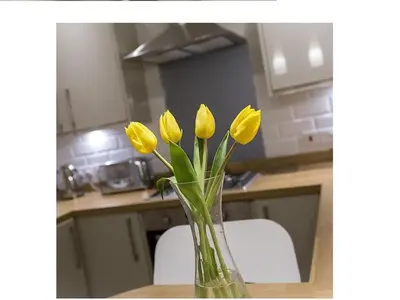 a vase filled with yellow flowers sitting on a table at The Lane Apartment in Edinburgh