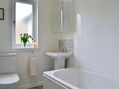 a white bathroom with a toilet and a sink at Invernoe Cottage in Taynuilt