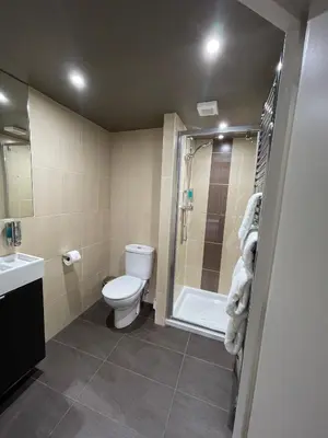 a bathroom with a toilet and a shower and a sink at The Ranald Hotel in Oban