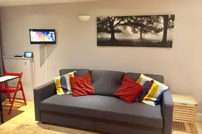 a living room with a gray couch with colorful pillows at JOIVY Warm & Welcoming Flat near Edinburgh Castle in Edinburgh