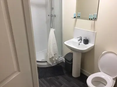 a bathroom with a toilet and a sink and a shower at Stonefield Rooms in High Blantyre