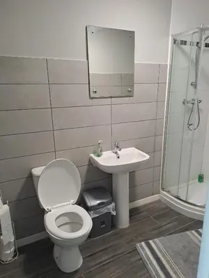 a bathroom with a toilet and a sink at Stonefield Rooms in High Blantyre