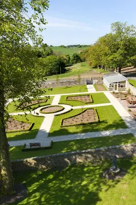 an overhead view of a garden with a building at Balmule House in Dunfermline