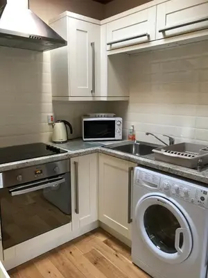 a kitchen with a washing machine and a microwave at Kilchurn Suites in Loch Awe