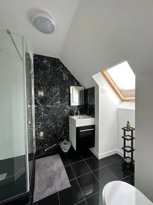 a bathroom with a shower and a sink at Sealladh in Port Appin
