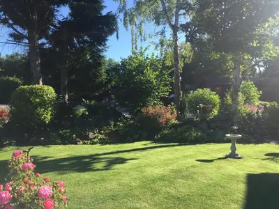 a yard with a bird bath in the grass at Otter Lodge Auchterarder in Auchterarder