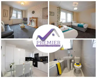 a collage of three pictures of a bedroom and a bathroom at PREMIER - Garfield House in Bellshill