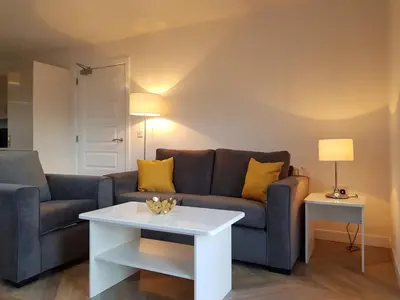 a living room with a couch and a table at 11 Royal View Apartments in Stirling