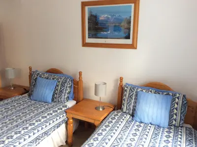 a bedroom with two beds and a picture on the wall at Dalkell Cottages in Tyndrum