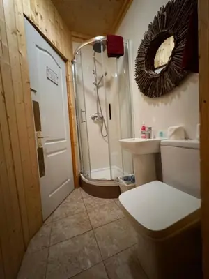 a bathroom with a shower and a toilet and a sink at The West Highland Way Campsite & Campervan Accommodation in Milngavie