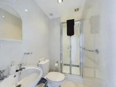 a bathroom with a shower and a toilet and a sink at The Tregortha B&B in Tighnabruaich