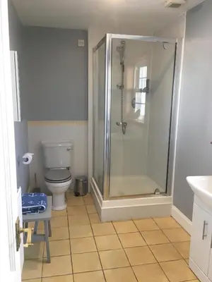 a bathroom with a shower and a toilet at South Doll Farm Cottage in Airth
