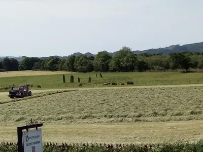 a tractor in a field with animals in the distance at Dunchraigaig House in Kilmartin