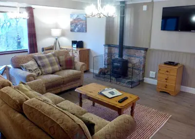 a living room with a couch and a fireplace at Oak Tree Lodge in Ballachulish