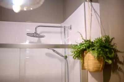 a bathroom with a shower with a potted plant at Exceptional Central 1BR Apt - town square views in Oban