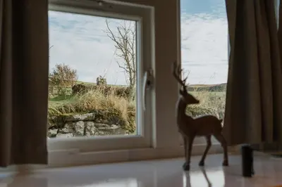 a statue of a deer standing in front of a window at Kilchrist Castle Cottages in Campbeltown