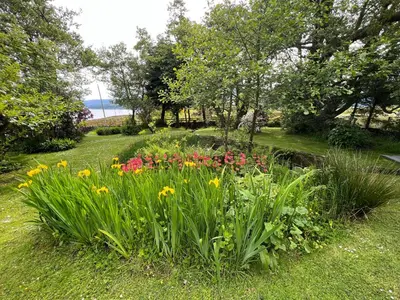 a garden with a bunch of flowers in the grass at Knockderry Lodge -Private Luxury pet-friendly accommodation in Scotland with hot tub in Cove