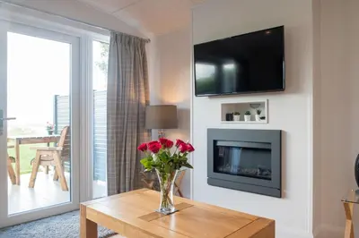 a living room with a vase of flowers on a table at Super King Lodge-Sleeps 2-HotTub-Sea View in Langbank