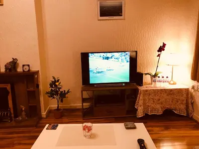 a living room with a flat screen tv and a table at Anna apartment in Edinburgh