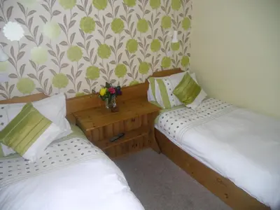 two twin beds in a room with flowers on the wall at Ormidale Hotel in Brodick