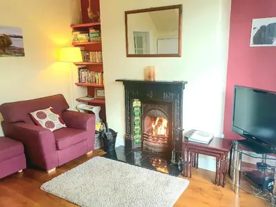 a living room with a fireplace and a tv at Curlew Cottage in Creetown