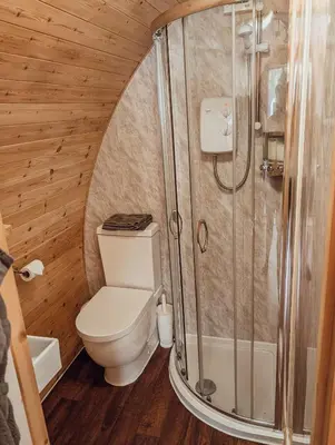 a bathroom with a toilet and a shower at Strathyre Camping Pods in Strathyre
