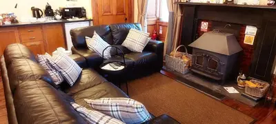 a living room with a couch and a fireplace at Gowanlea Heights in Campbeltown