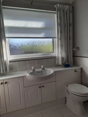 a bathroom with a toilet and a sink and a window at Leafield Holiday Home in Stranraer
