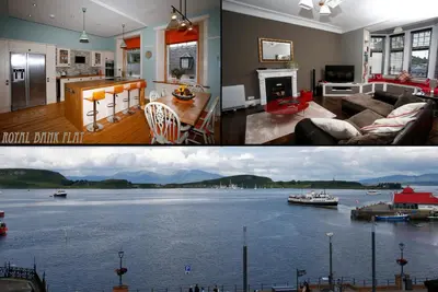 two pictures of a living room and kitchen with a view of a lake at Royal Bank Flat in Oban