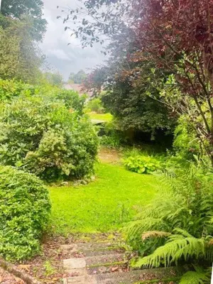 a garden with green grass and trees and bushes at Rowan Cottage in New Galloway